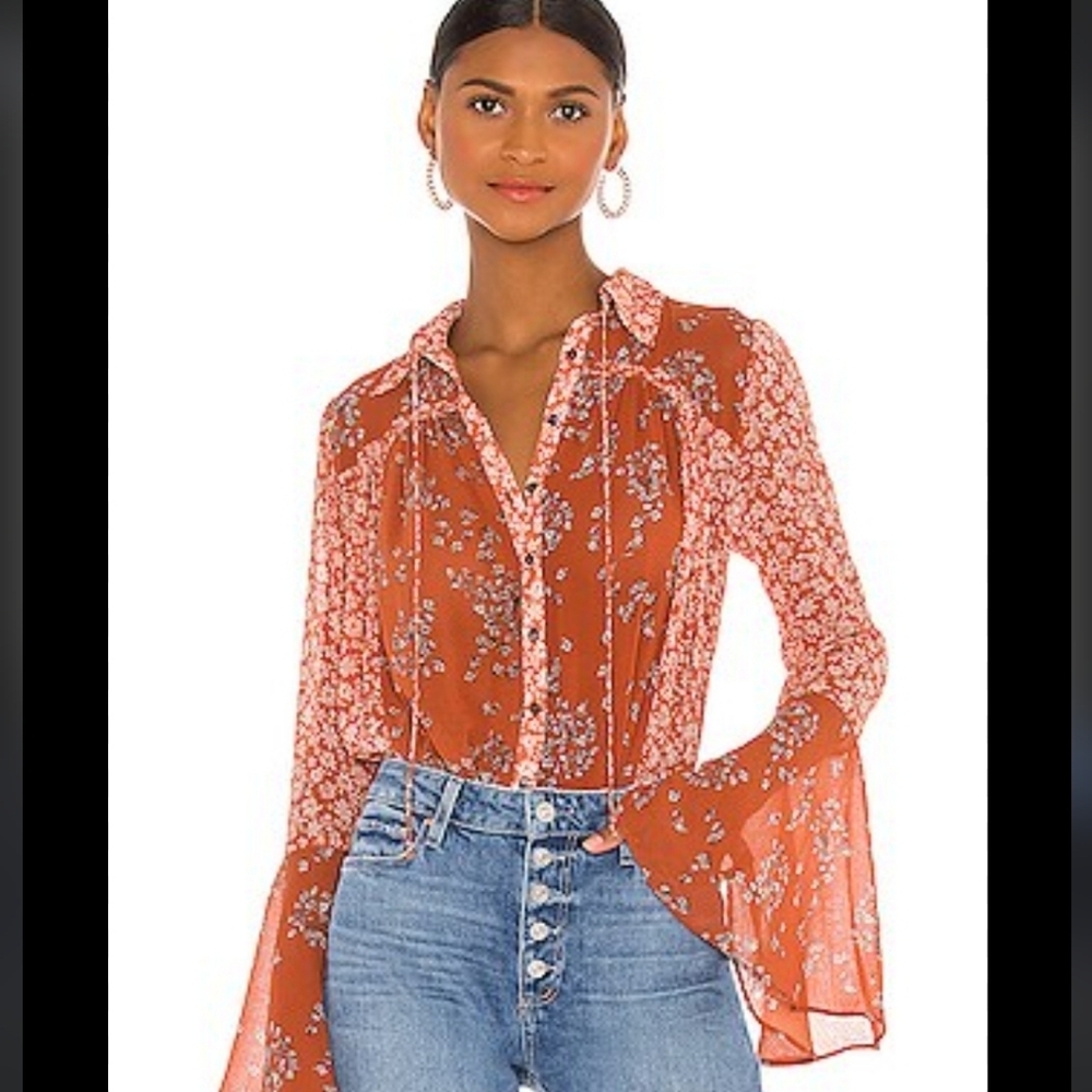 Free People Serena Rust Floral Patchwork Bell Sleeve Button Front Top 70s, Sz XS
